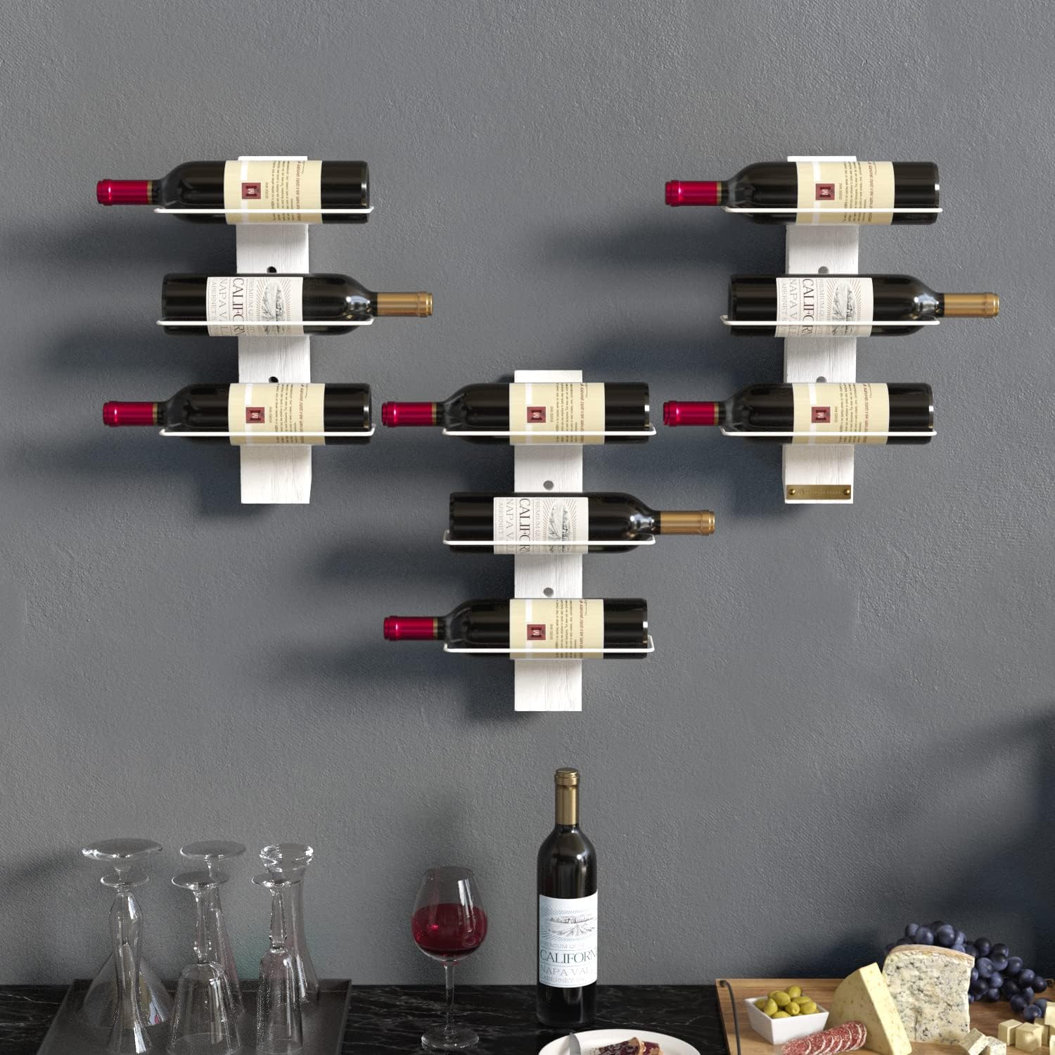 J JACKCUBE DESIGN Wall Mount Wine Rack Organizer for 9 Bottles, Elegant and Farmhouse Rustic White Wood Wine Storage Display Holder for Kitchen and Home Decor- MK699B