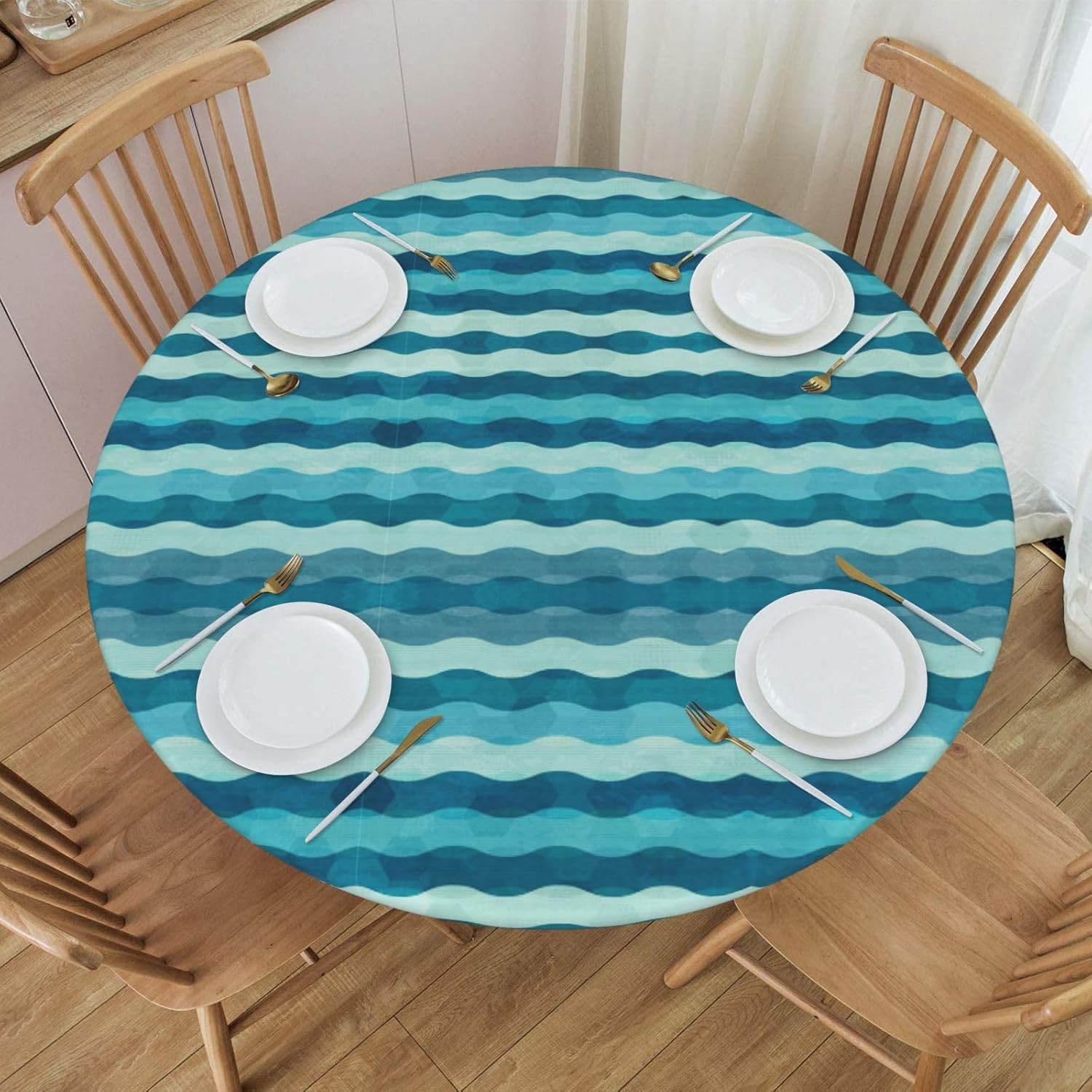 Blue Wave Stripe Print Outdoor Patio Kitchen Decor Supplies Wipeable Round Table Cloth for Indoor Outdoor