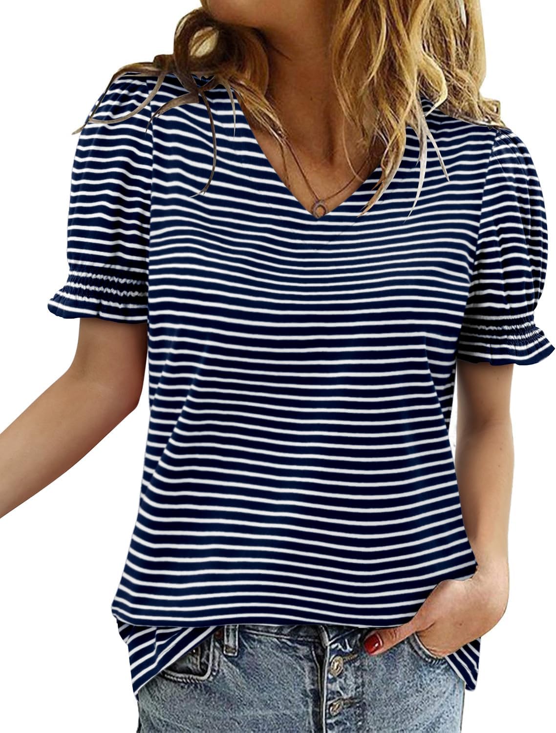 CRAZY GRID Women's Summer Tops Ruffle Short Sleeve 2026 Casual Knit Loose Fit T-Shirt - Image 4