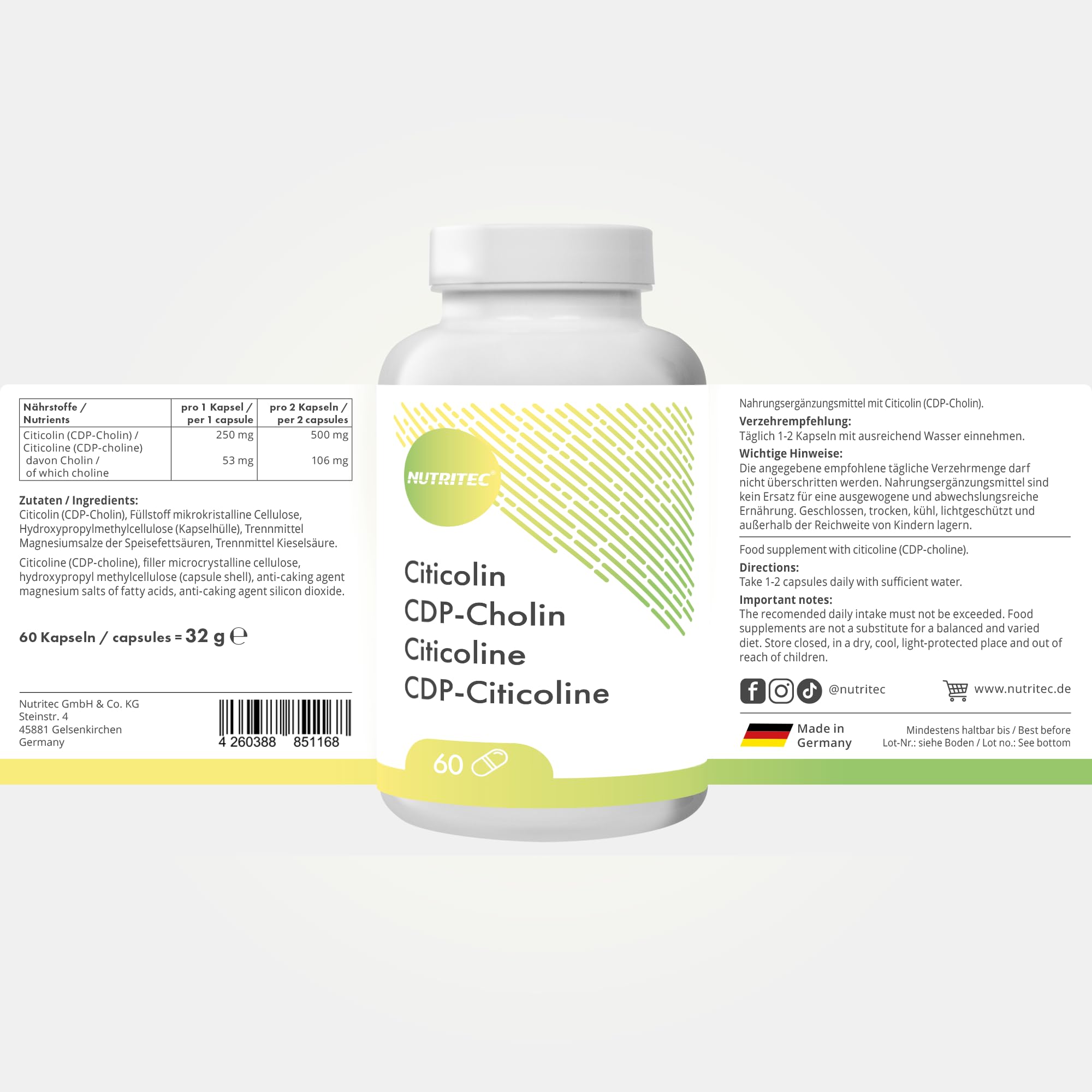 CDP-Cholin 250 mg Citicolin pro Kapsel, bis zum 500 mg Citicholin pro Tagesdosis - 60 Kapseln, vegan