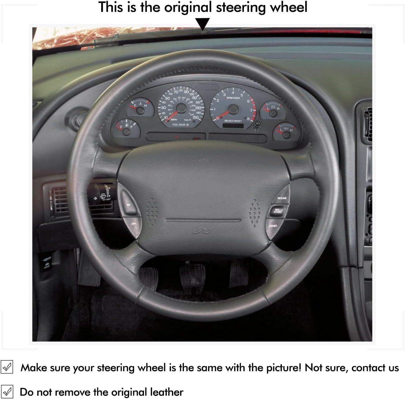 Black Genuine Leather Carbo Fiber Steering Wheel Cover for Ford Mustang 1994 1995 1996 1997 1998 1999 2001 2002 2003 2004 Accessories Car Custom Fit Hand Stitched OEM Interior Part (5)