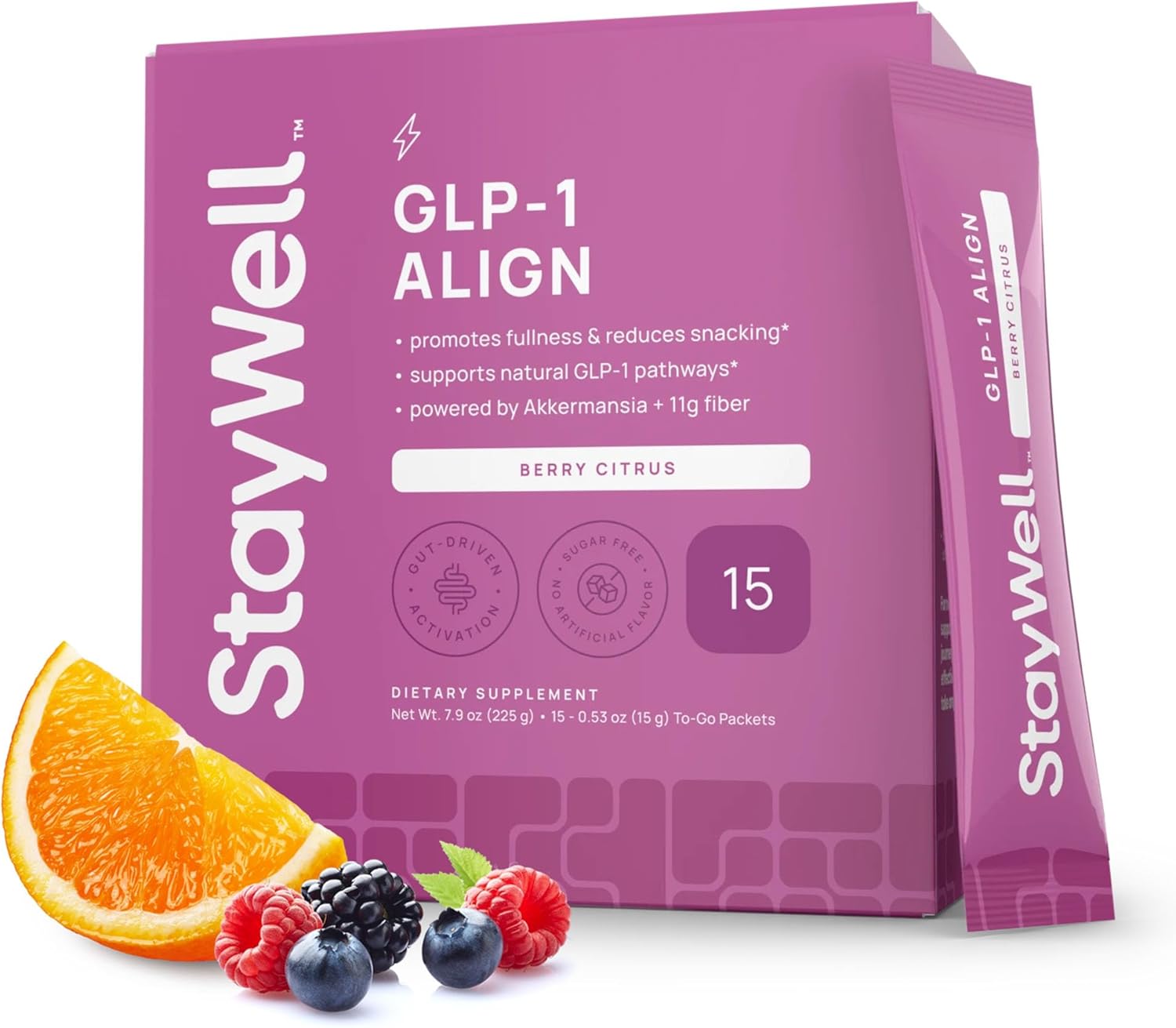 Stay-Well Naturals GLP-1 Probiotic | Akkermansia GLP-1 Supplement, Fiber GLP 1 Booster | Probiotic and Fiber Support with Inulin, Psyllium PHGG, and Soothing Ginger Extract - Berry Citrus 15 Ct.