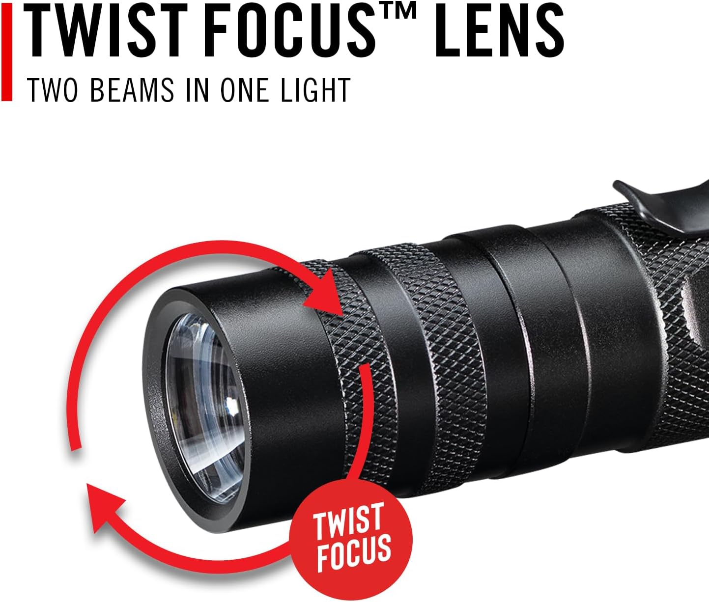 Close-up of Coast PX1 flashlight lens with 'Twist Focus' arrows