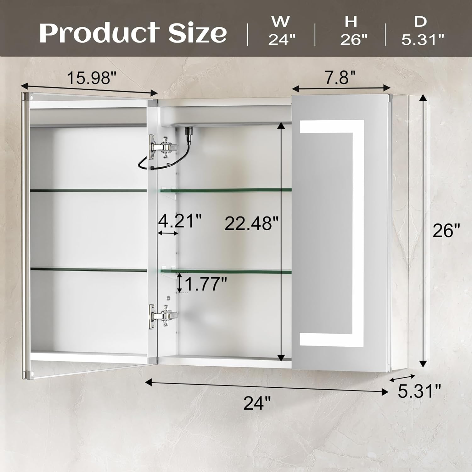 LED Lighted Medicine Cabinet with Mirror 24"*26",Bathroom Mirror Cabinet with Lights, Outlet and USB, Recessed or Wall Mounted, Adjustable Shelf, 3-Color, Dimmer, Anti-Fog
