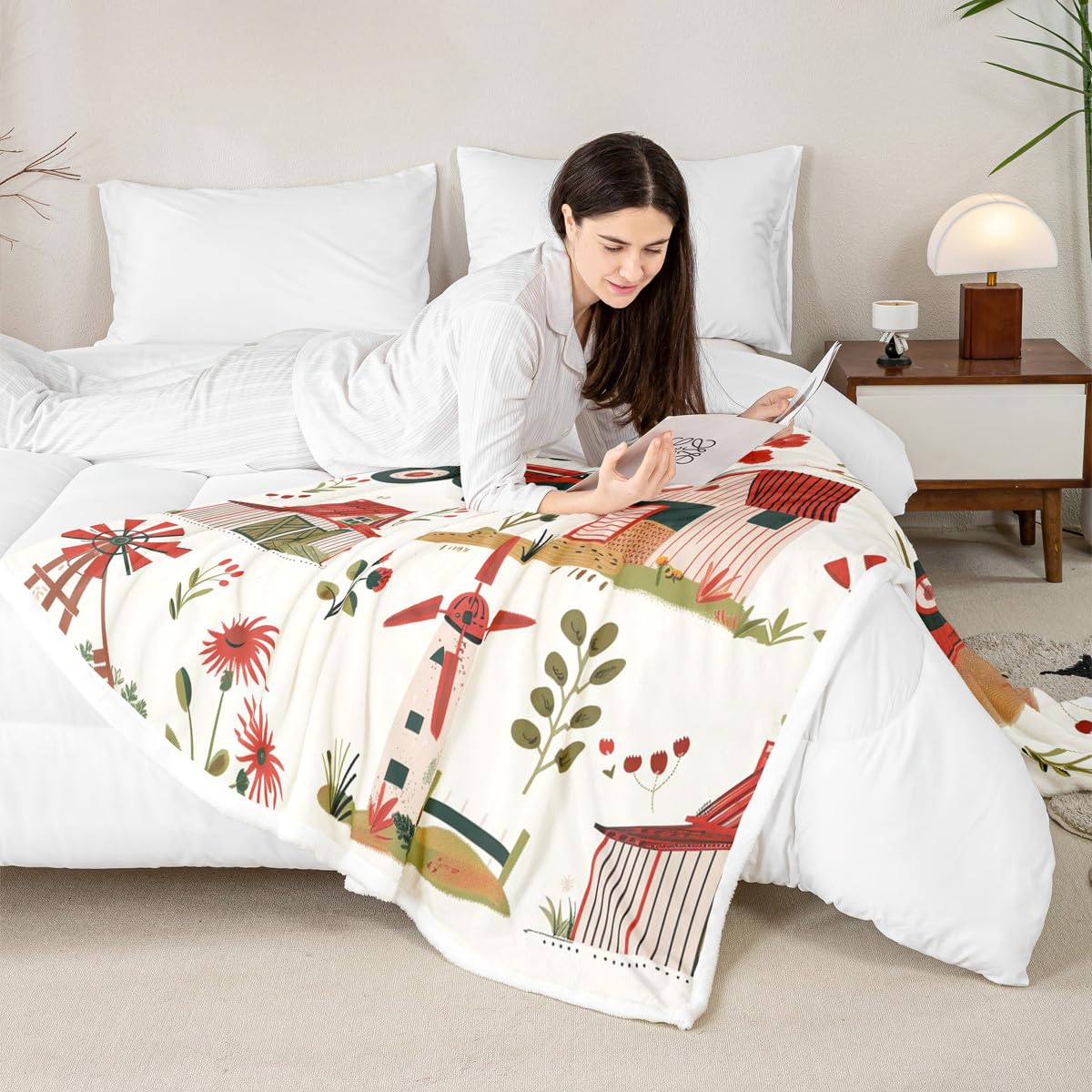 Homewish Rustykalny koc polarowy na drzwi stodoły Twin 152 cm x 203 cm | kreskówka ciężarówka wiatrak szerpa koc kawaii jeleń dzika przyroda narzuta puszysty pluszowy narzuta dom wiejski kwiaty
