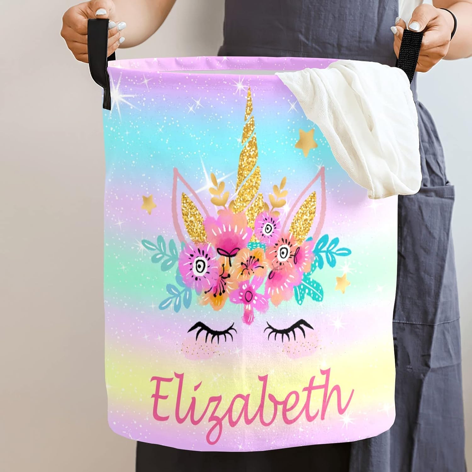 Unicorn Laundry Basket Personalized Unicorn Hampers Custom Laundry Basket with Name for Baby Boys Girls Collapsible Storage Basket with Handle for Living Room