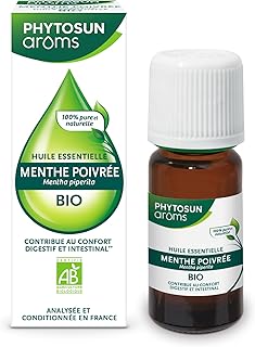 PHYTOSUN AROMS - Huile Essentielle Menthe Poivrée Bio - HEBBD - 100% Pure & Naturelle - 100% Bio - Contribue au Confort Digestif et Intestinal - Analysée & Conditionnée en France - 10 ml