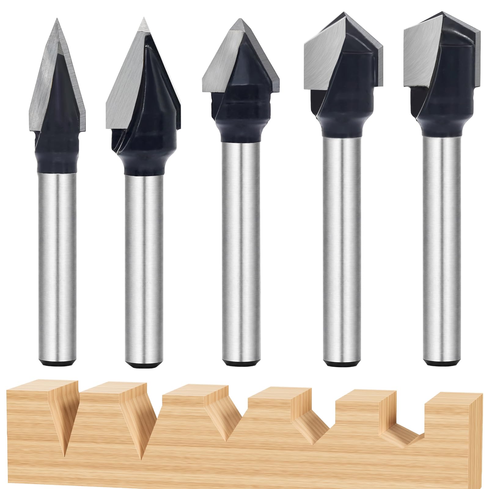 5PCS V-Groove Router Bit Set, 1/4" Shank, 30°–120° , Carbide-Tipped