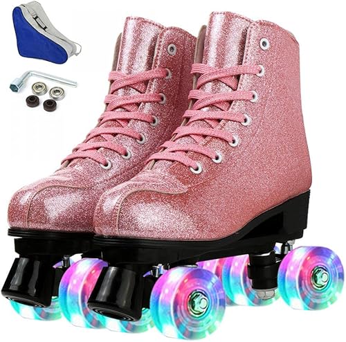 XUDREZ Patines holográficos de piel sintética para mujer, patines holográficos de doble fila, cuatro ruedas brillantes para mujeres, hombres, niños