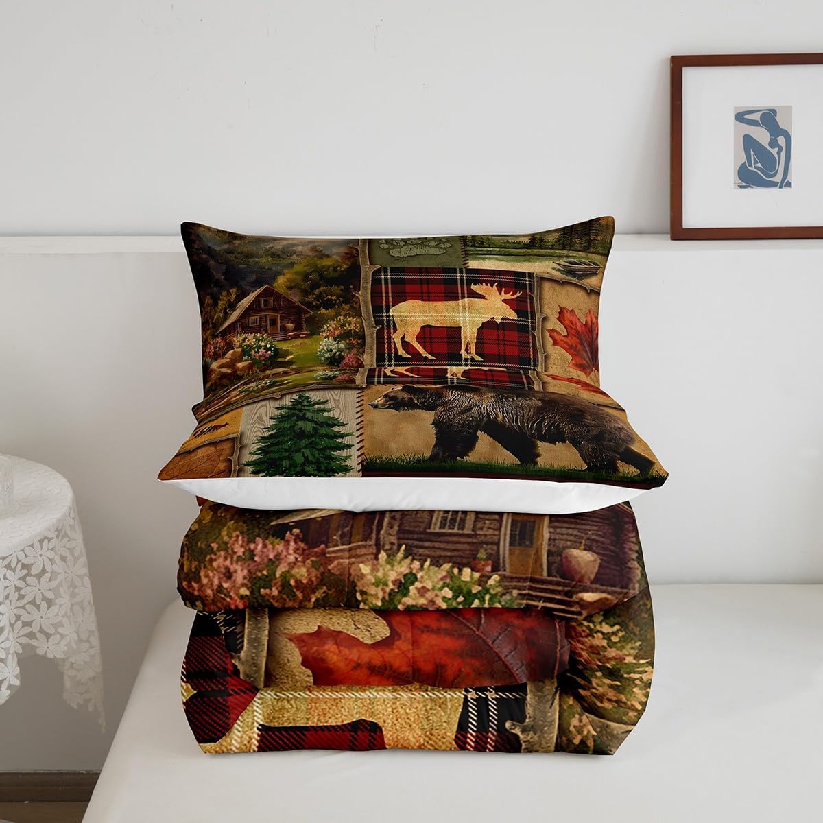 Manfei Wildlife Hunting Comforter Set Queen Size, Cartoon Deer Bear Quilt Set with 2 Pillowcases, Wild Animal Theme Bedding Set 3pcs for Kids Boys Teens Bedroom Decor, Rustic Duvet Insert