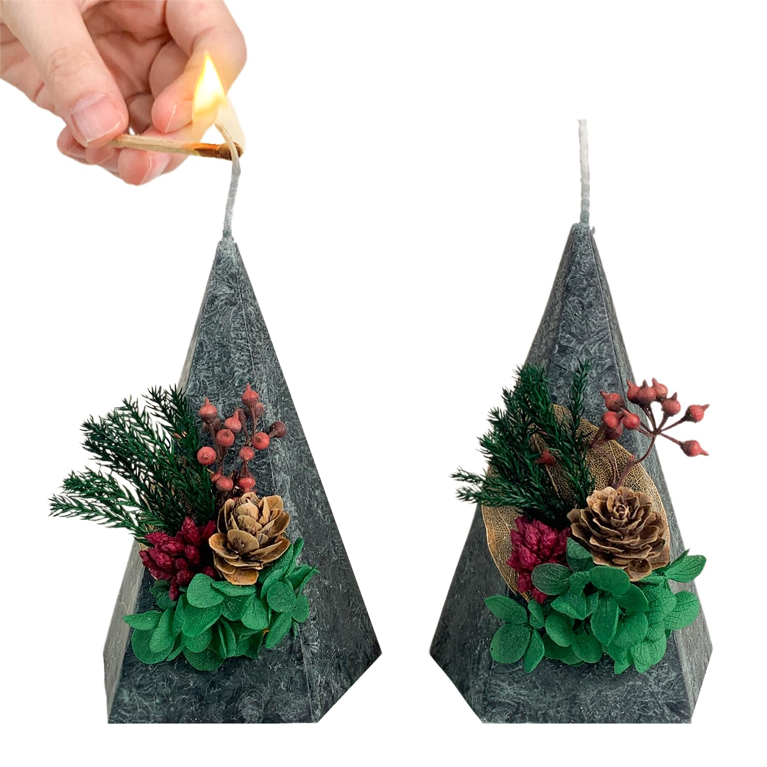 Kissingfish Christmas Candles Set of 2, Dark Green Pillar Candles Scented with Christmas Pine Cones Ornament Decor, Pyramid Shaped Unique & Cute Candle Set, Size H 4.72