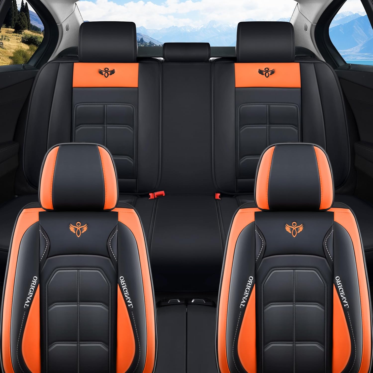 Zvaluqy06 Comfortable Leather Auto Car Seat Covers Front & Rear Seat Protector Fit Sedan SUV 5 Seats Full Set Universal Fit (Black-Orange)