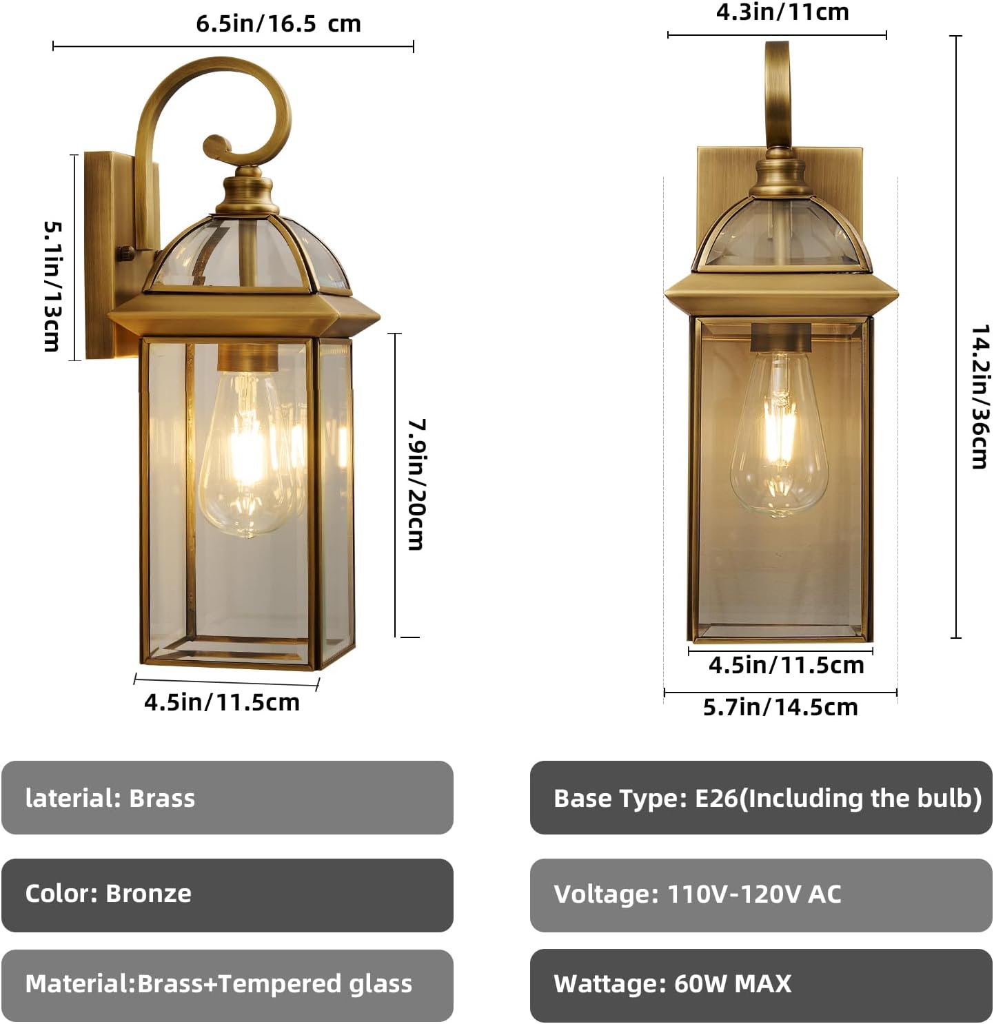Brass Rustproof Outdoor Wall Sconces 2-Pack - All-Weather Waterproof Porch Lanterns with E26 Socket, Front Door Exterior Lights for Yard Entryway
