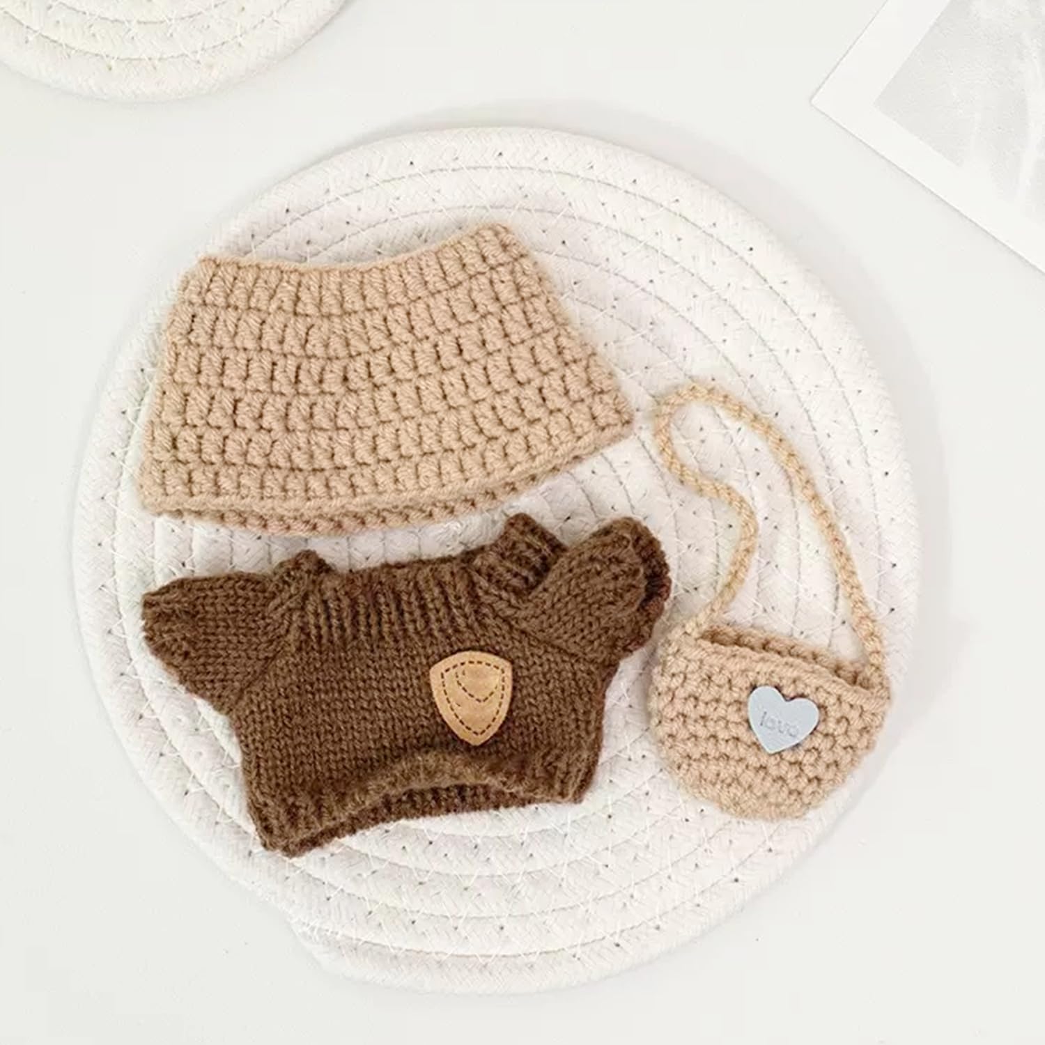 17cm Doll Clothes Set For Labubu & Similar Dolls - Brown Sweater, Khaki Bag & Hat Outfit (Doll Not Included)