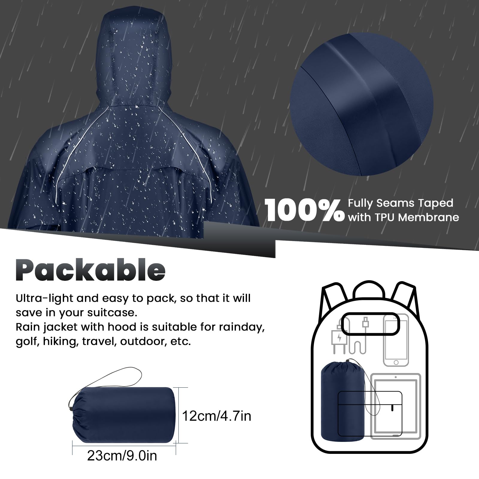 LAMA Combinaison de pluie pour homme et femme, veste de pluie imperméable et pantalon de pluie, vêtements de pluie lourds avec capuche et pochette de rangement, coupe-vent, léger, respirant, noir