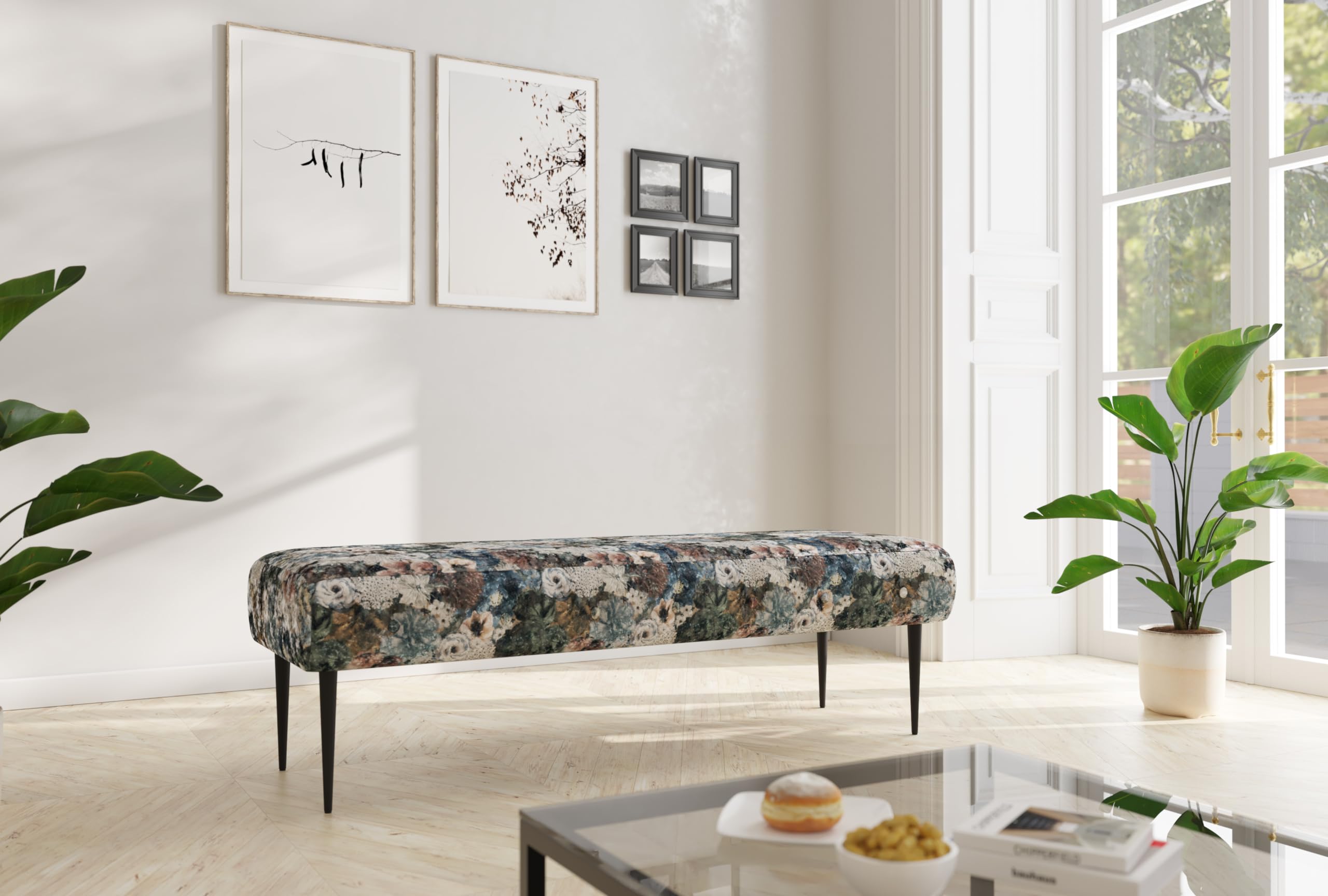 CAVADORE Panca Amba 3 posti per cucina, sala da pranzo o cucina/panchina da cucina adatta per 3 posti Amba / 159 x 52 x 54 / tessuto piatto jacquard: motivo floreale blu