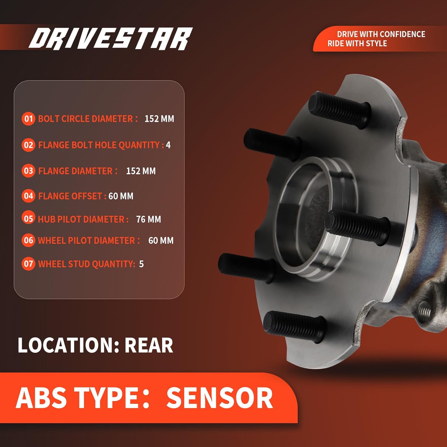 (Pair) DRIVESTAR 512372 Wheel Hub & Bearing Assembly for Lexus HS250H 2010-2012, for Lexus NX200T 2015-2016, for Lexus NX300H 2015-2016, Scion IM 2016, Scion TC 2011-16, for Toyota RAV4(5 Lug w/ABS)