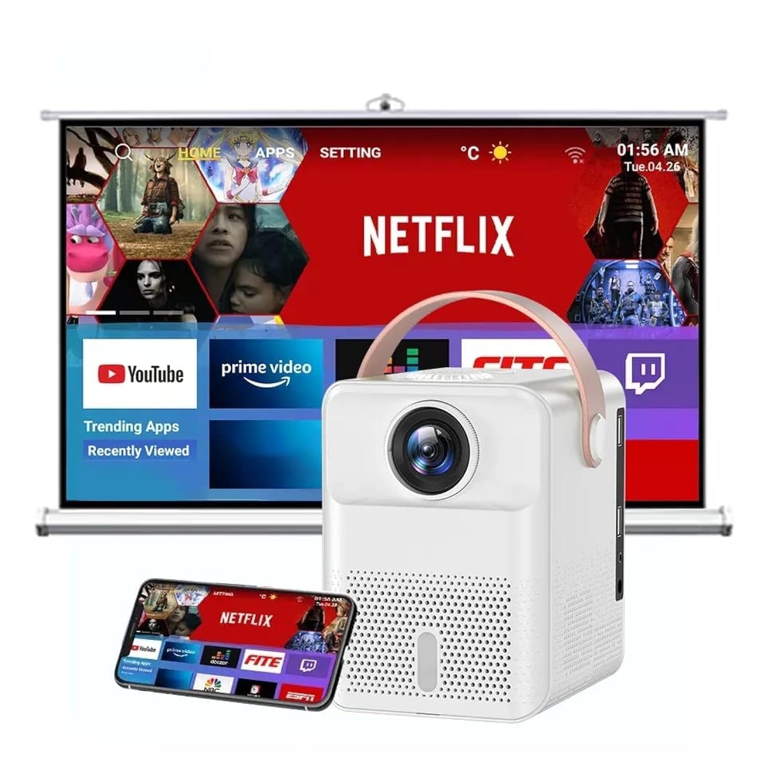 ORENO 4K Portable Projector with Android System 9.0, Mini Home Theatre of 120 Ansi Lumen Projector with WiFi and Bluetooth for Outdoor Movies, Max 150” ±45°4D Display