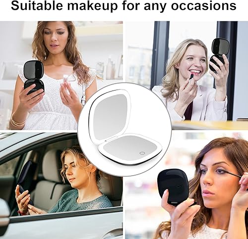 Miniatura 14 de deweisn Espejo compacto, espejo de maquillaje de viaje iluminado con aumento 1X/10X, bolsillo portátil regulable de doble cara para bolso