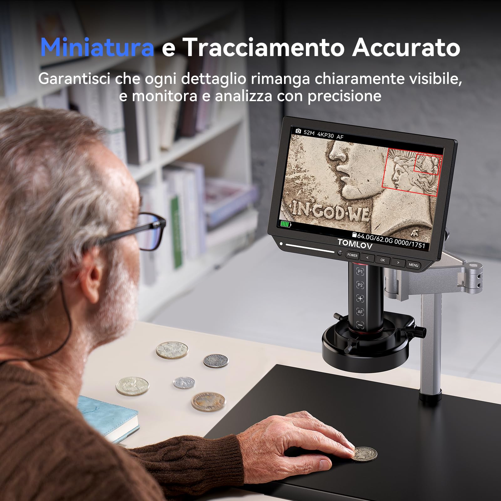 TOMLOV TM4K-AF Max Microscopio Digitale Autofocus 4K 2000X, Schermo IPS da 10,1" con Braccio Rotante, Fotocamera da 52MP HDMI per Monete e Saldatura, con Luce ad Anello, Compatibile PC/TV, 64GB