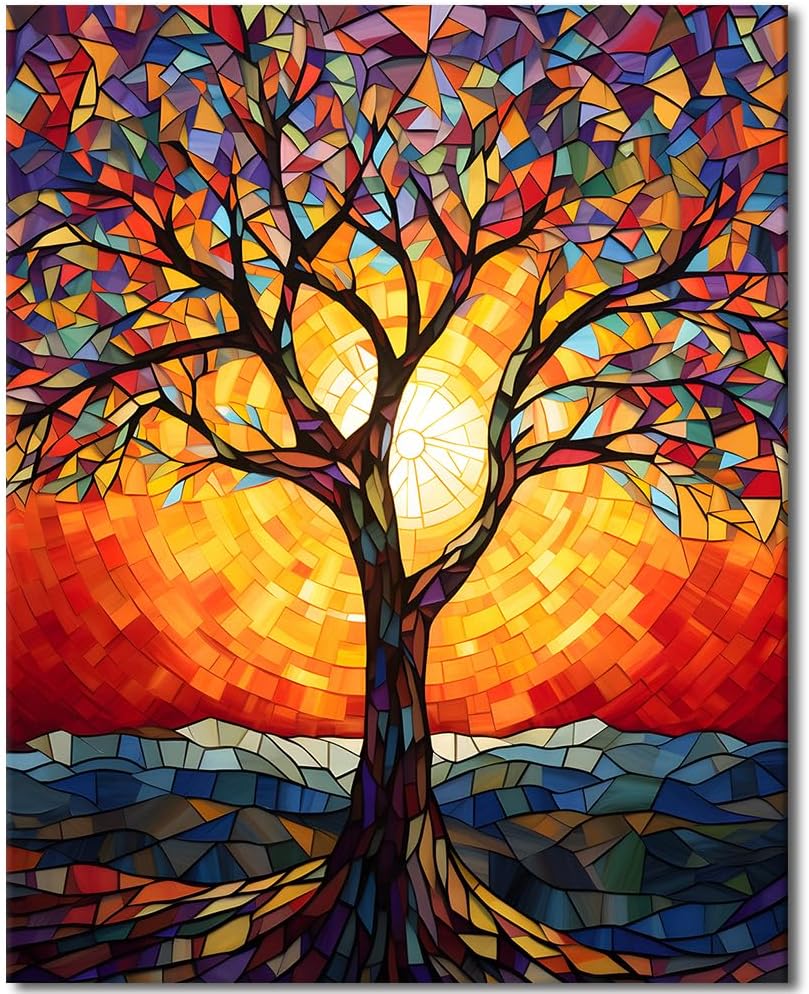 TUMOVO Tree of Life Abstract Paint by Numbers for Adults-Stained Glass Paint by Number on Canvas Without Frame DIY Colorful Trees Oil Painting for Home Living Room Bedroom Wall Decor 16x20 inch