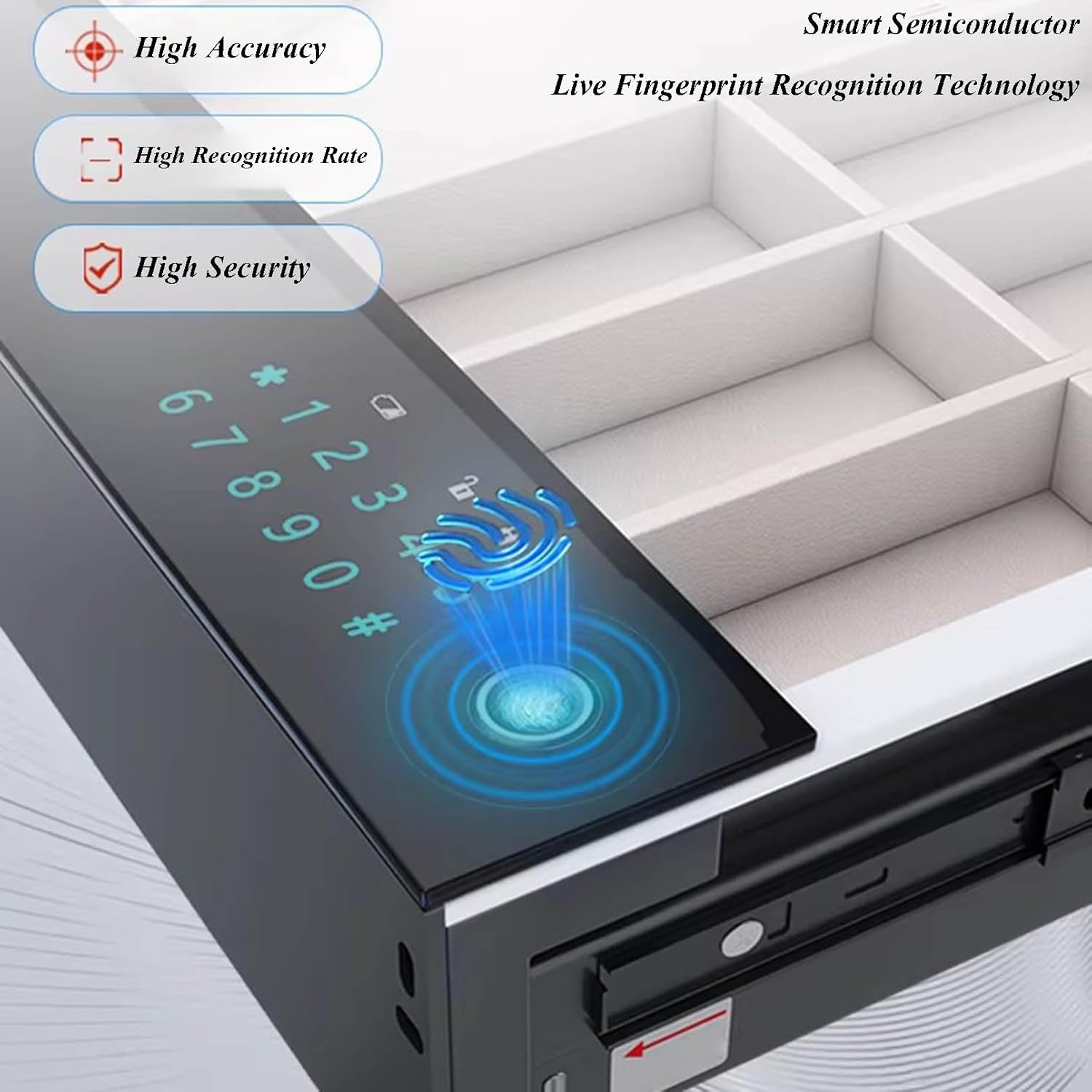 Auto-Open Drawer Safe for Wardrobe, Fingerprint Lock and Digital Keypad Hidden Security Box with Removable Tray and Tempered Glass Panel for Jewelry, Documents, and Cash