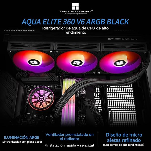 Thermalright AQUA ELITE 360 V6 ARGB Black CPU enfriador líquido de CPU, tamaño de fila de refrigeración 360, radiador de agua de 3 x 120 mm, AMD: AM4/AM5, Intel LGA115X/1200/1700/1851, enfriador