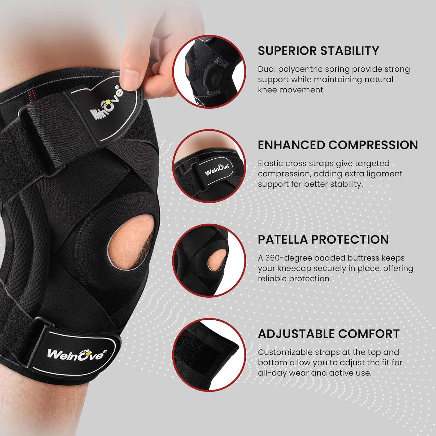 Welnove Knee Brace Support & Compression. Knee Sleeve Cross Straps for Knee Stability, Side Stabilizers for Running, Workout, Meniscus Tear, ACL, MCL, Arthritis - Men and Women(X-Large)