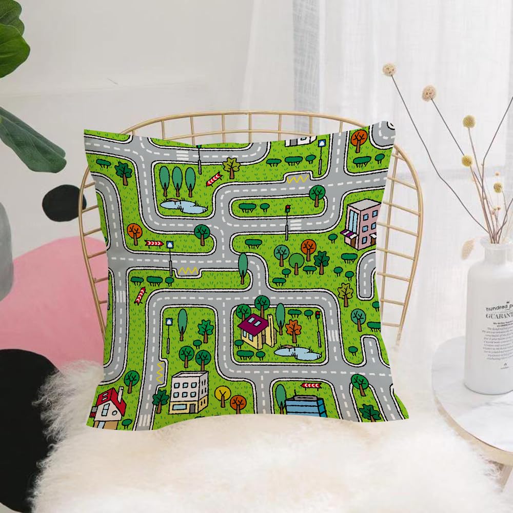 HYOSXW Cushion Cover,Throw Pillow Case Home Decorative for Living Room Bedroom Sofa Chair 16X16 Inch,City seamless pattern. Roads with grass areas background,Pillowcase 40X40cm