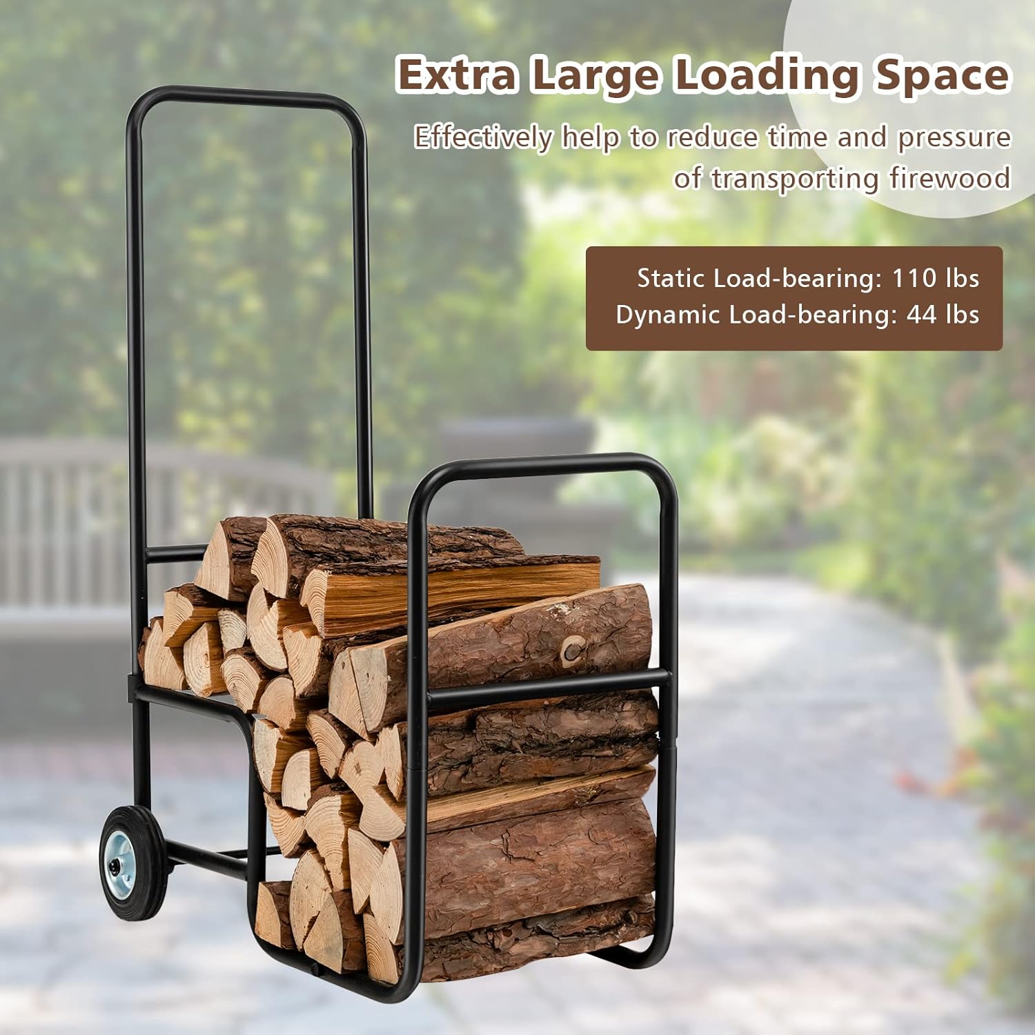 S AFSTAR Firewood Log Cart Carrier, 35” Height Wood Rack Storage Mover w/2 Rubber Wheels & Ergonomic Handle, Heavy-Duty Steel Fireplace Log Carrier Mover, Rolling Firewood Cart for Indoor Outdoor