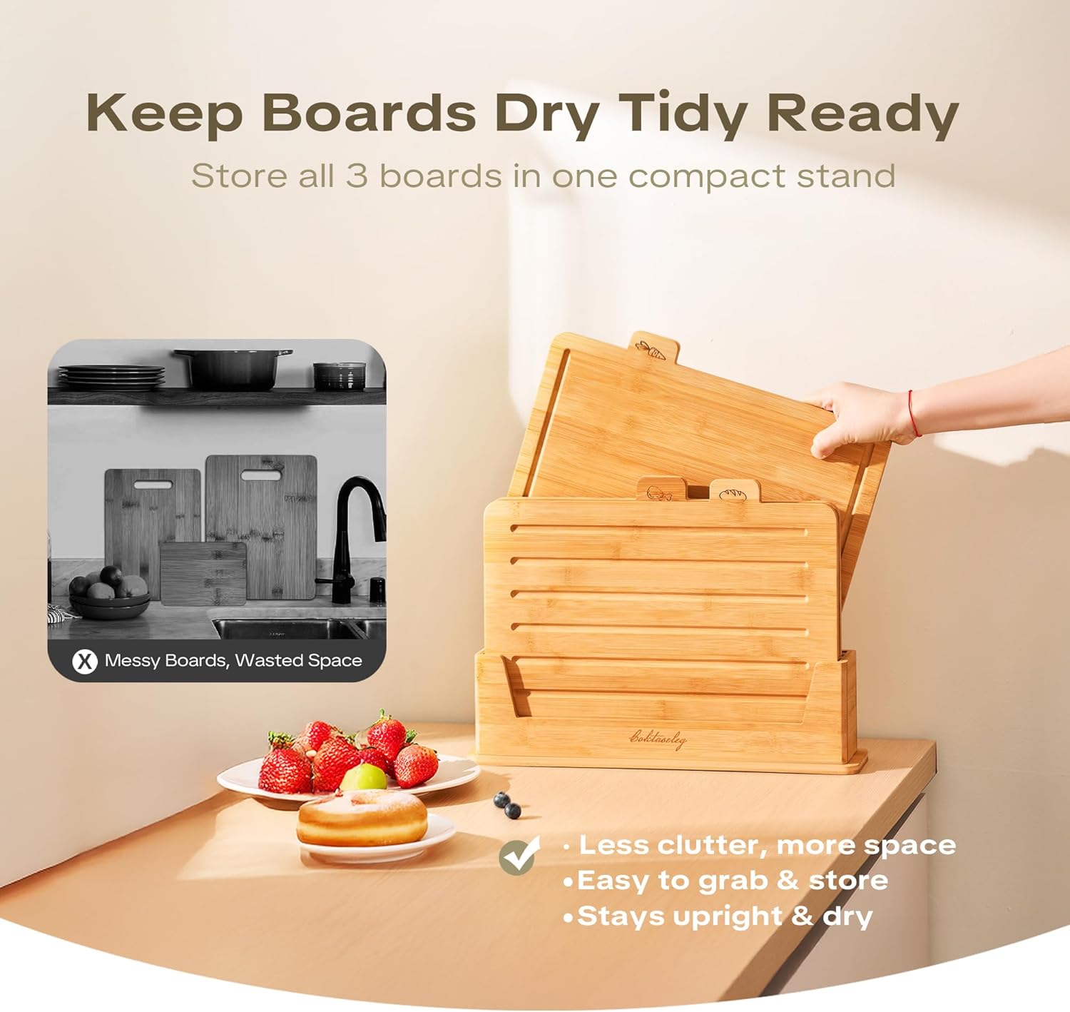 14'' L x 10'' W Bamboo Cutting Board Set with Holder, 3-Piece Wooden Cutting Boards for Kitchen with Juice Groove & Label, Wooden Chopping Board for Meat Vegetables Bread