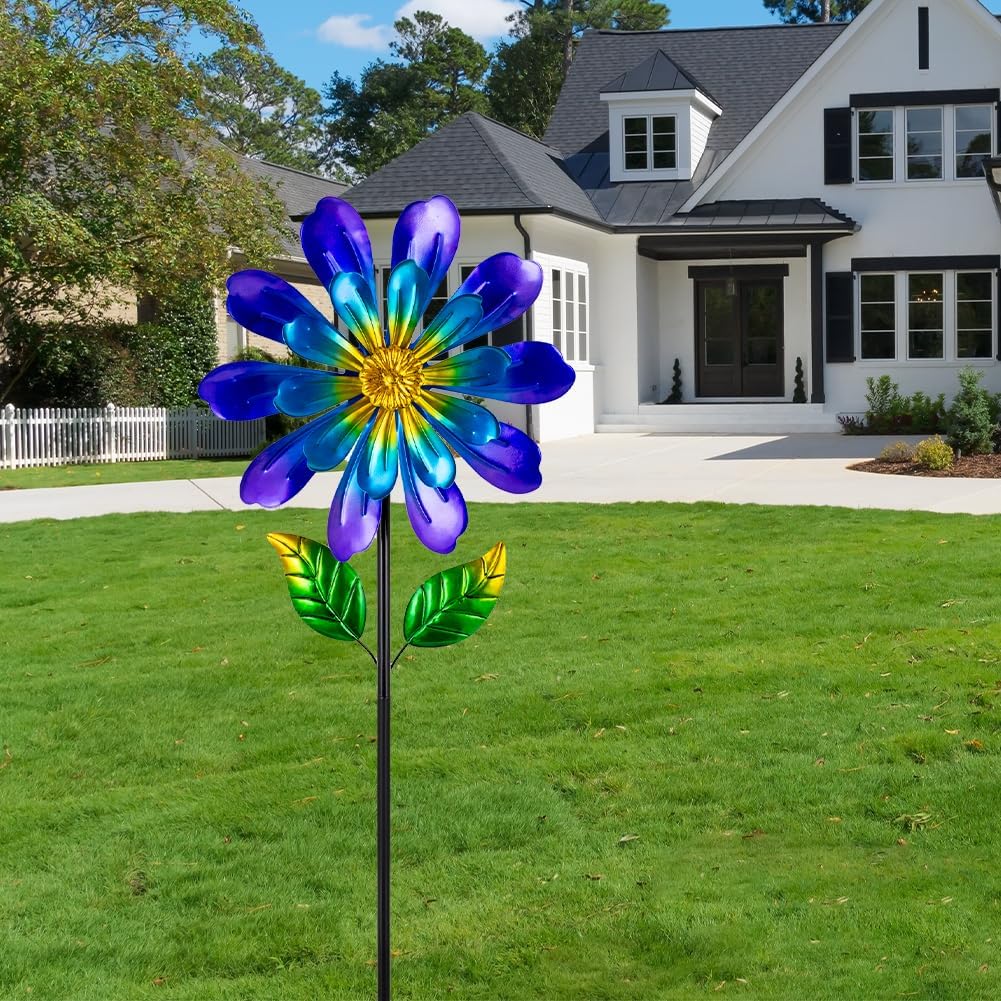 Metal Flower Wind Spinners Outdoor,Double-Layer Garden Windmill Flower Pinwheels for Yard and Garden Decorations