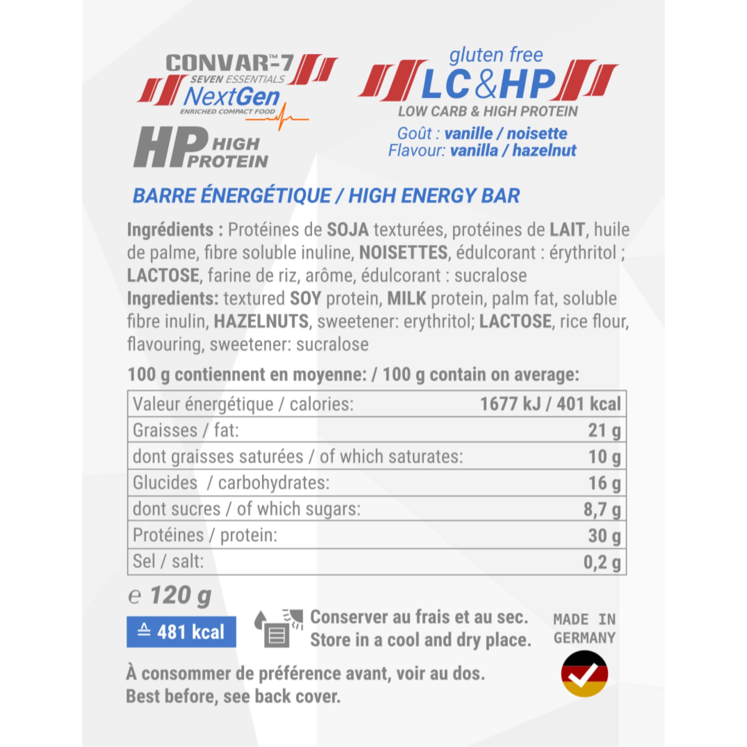 Baton energetyczny CONVAR-7 Pack o niskiej zawartości węglowodanów i wysokiej zawartości białka do uprawiania sportu i aktywności na świeżym powietrzu, żywność na sytuacje awaryjne. Smak chrupiący/wan