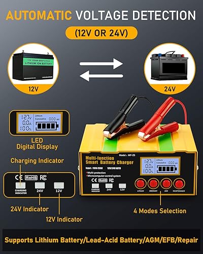 Miniatura 4 de Cargador de batería inteligente de 12 amperios, litio, plomo-ácido (AGM/Gel/SLA), reparación de pulsos, cargador de batería de automóvil, cargador