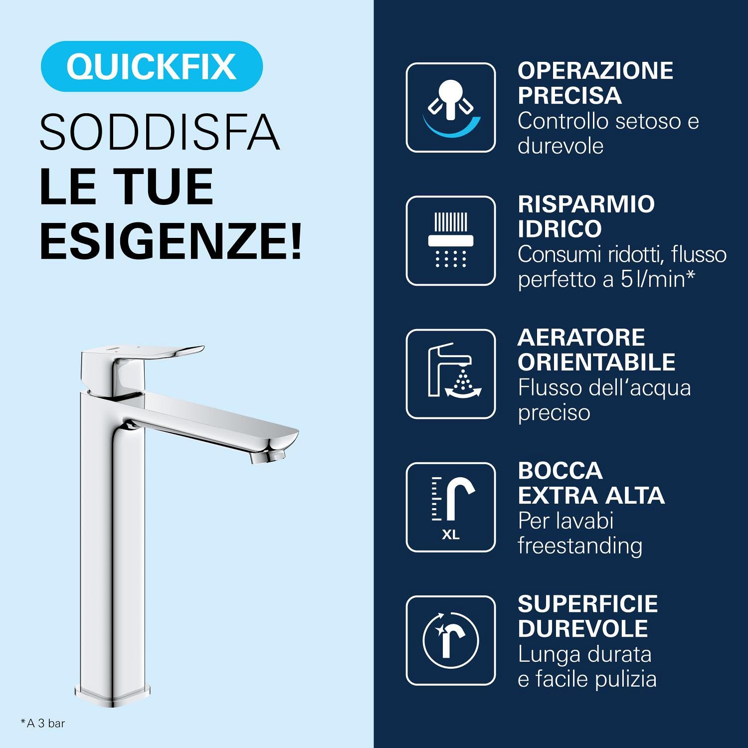 GROHE Dice Rubinetto miscelatore a corpo liscio per lavabo da appoggio (XL-Size 270 mm, cartuccia ceramica 28 mm, risparmio idrico, facile da installare), cromo, 1018920000