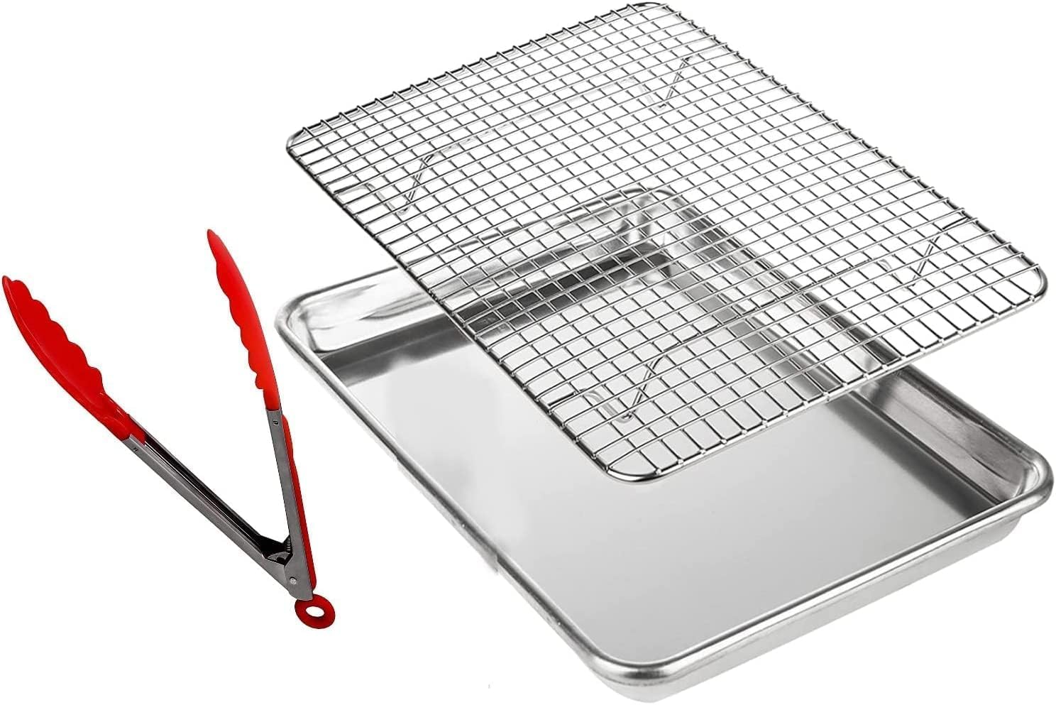 "N/A Yuniverse Pan Bakeware and Cooling Rack, Sheet Aluminum Baking Pan and Stainless Steel Rack Set, Roasting Rack Set and Cookie Tray for Oven and Grill with Nylon Food Tong as free (45x35x2.5 cm)