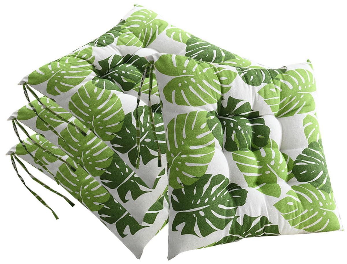 AOOPOO Set of 4 Chair Cushion Pads, Square Plaid Chairs Seat Pad for Kitchen/Dining/Garden Seat Cushions with Ties, 16" x 16" Thick Soft Comfy Seating for Indoor/Outdoor Decors (Banana leaves)