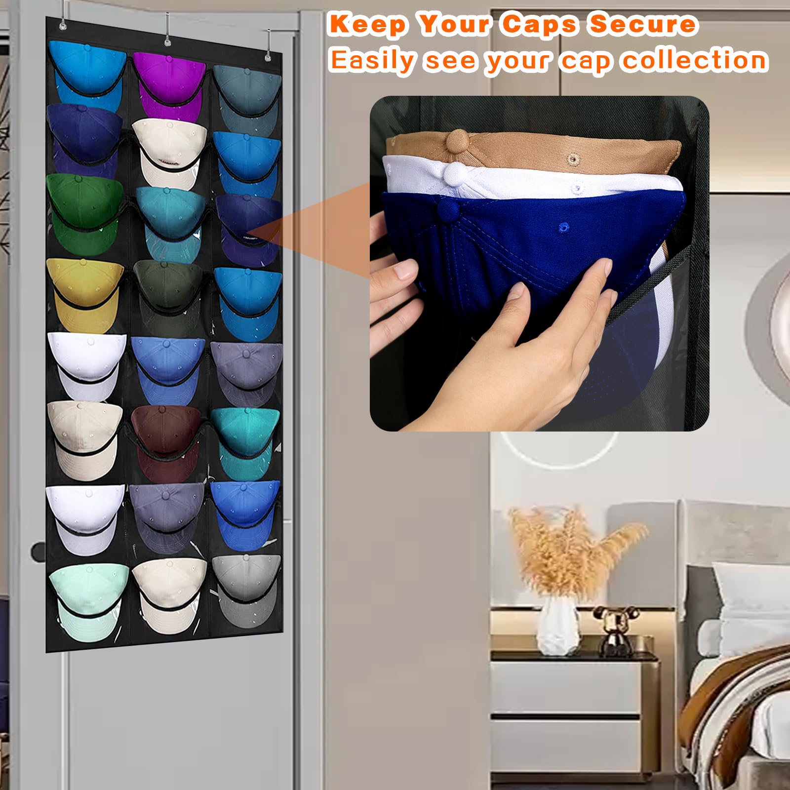 Porta Berretto,Porta Cappelli da Baseball,Portas Cappelli da Armadio con 24 Tasche,Contiene 24 Cappellis,Organizer Cappellis Sulla Portas (Nero)
