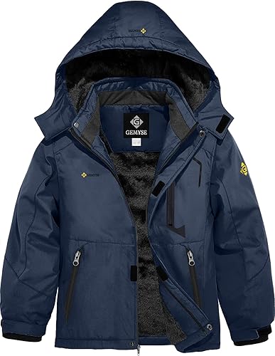 GEMYSE Chaqueta de esquí impermeable para niños con capucha de forro polar resistente al viento chaqueta de invierno