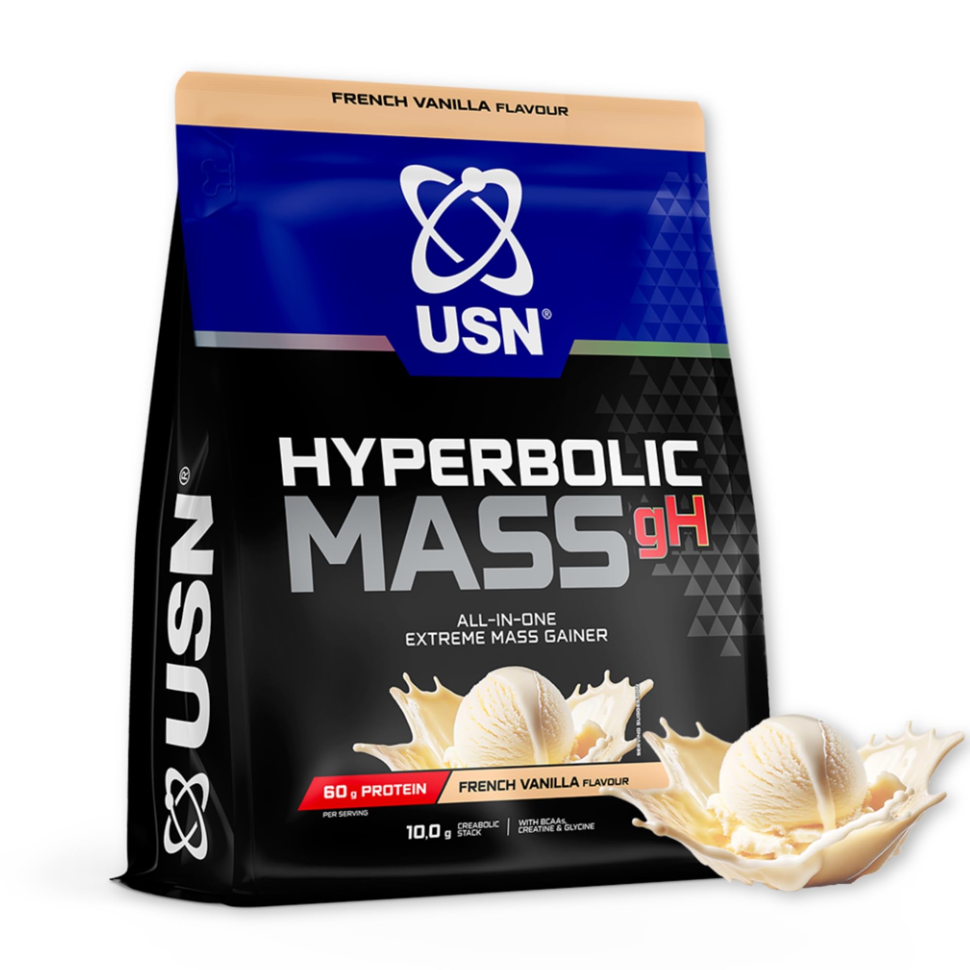 USN Hyperbolic Mass gH All-in-One Mass Gainer | 2kg - 26 Scoops | French Vanilla | 60g Protein per Full Serving | BCAAs, Glutamine & Beta-Alanine | Extreme Muscle & Mass Growth for Hard Gainers
