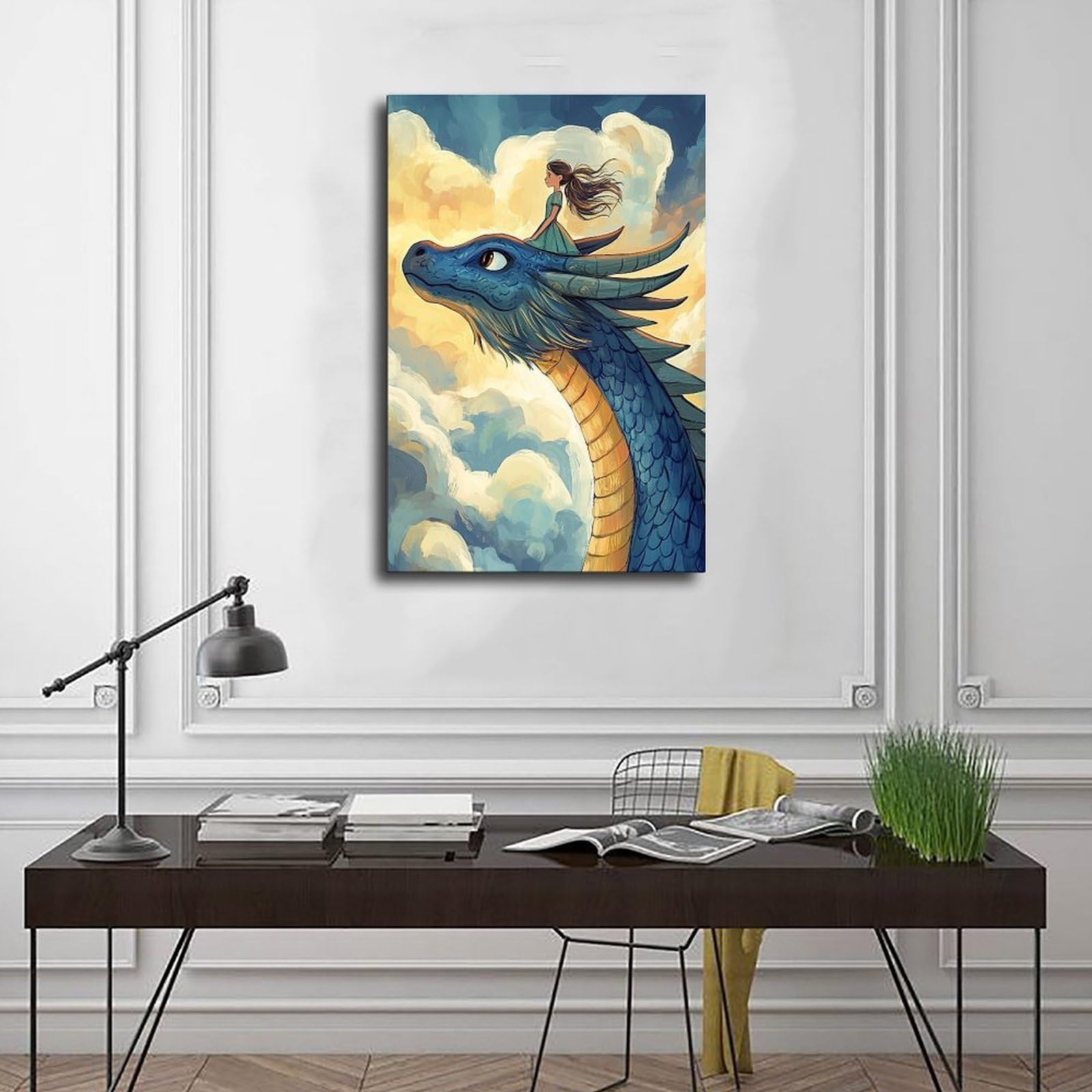 Poster su tela, motivo: ragazza che cavalca un drago, decorazione per