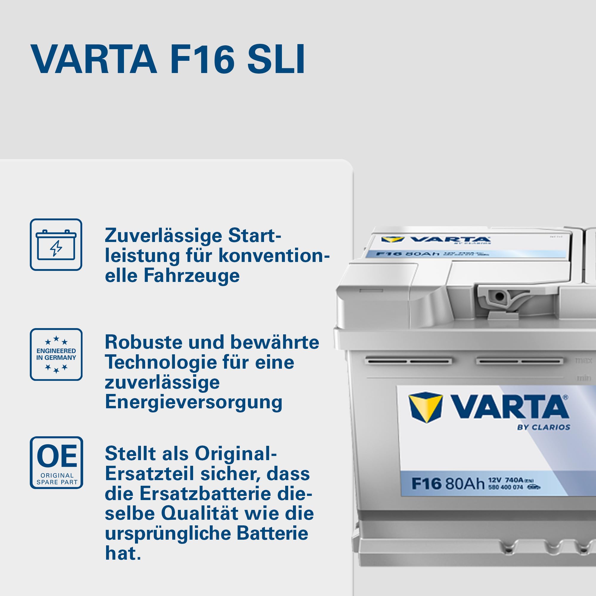 VARTA Automotive DYNAMIC SLI (F16) 12V 80Ah 740A - Nassbatterie KFZ mit Standardausstattung & ohne Start-Stopp System - Starterbatterie für einfachen Energiebedarf - Bleisäurebatterie wartungsfrei | Starterbatterie Standardausstattung & ohne Start-Stopp S