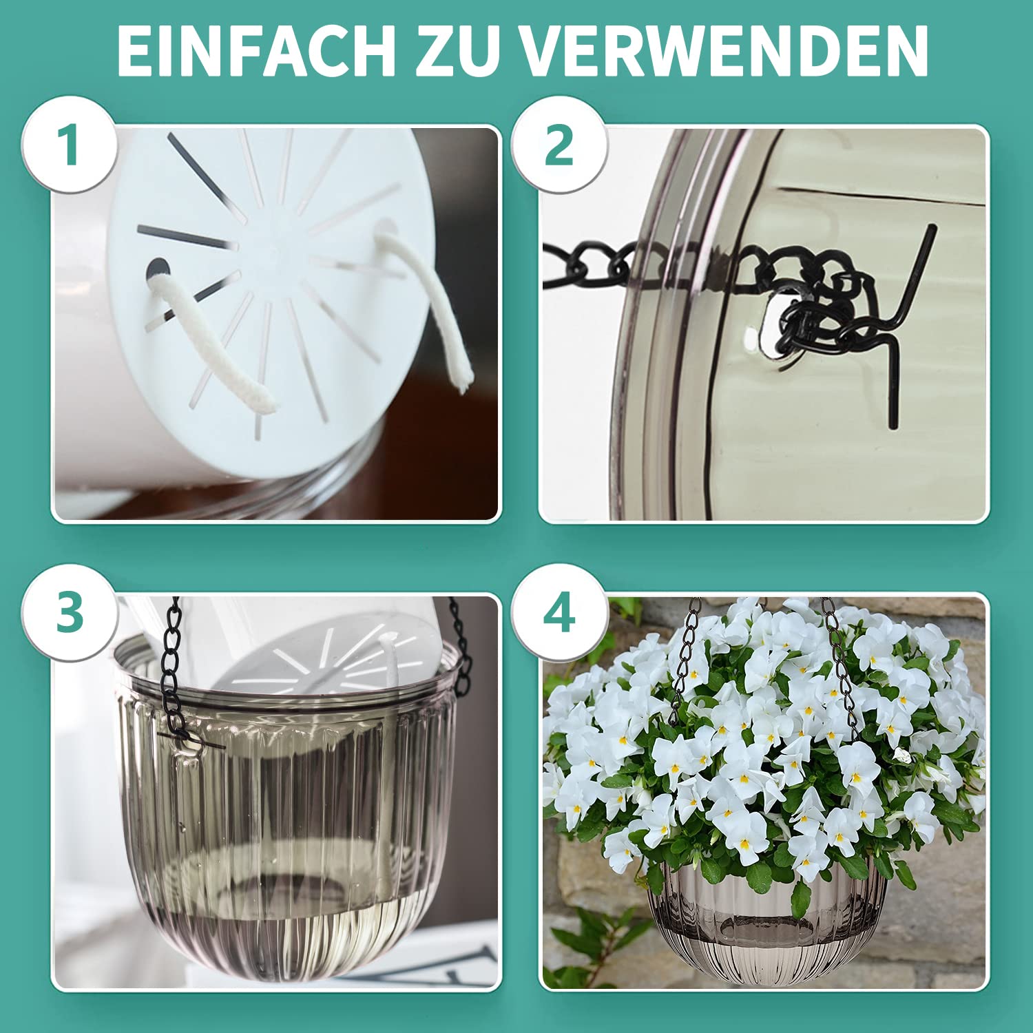 iDattel 2er Set Selbstbewässernd Blumenampeln Hängeampel Blumentopf Pflanzen, 16,5 cm do wewnątrz hängende Topf mit 3 Hooks Entwässerungslöchern für Innen und Außendeckoration (szary)