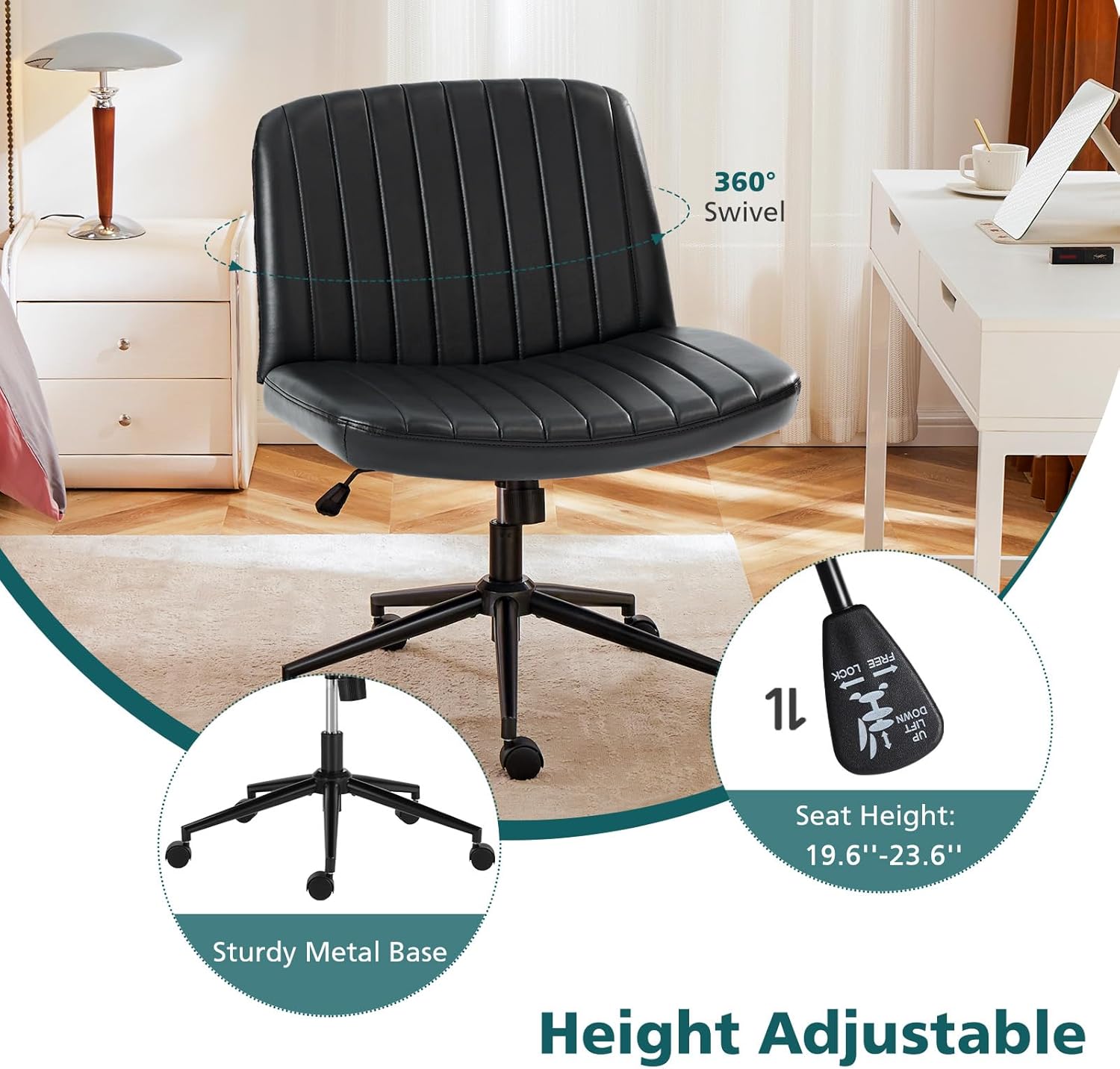 OLIXIS Criss Cross Chair with Wheels Wide Cross Legged Office Desk Vanity Chair Comfy Fabric Armless Adjustable Swivel for Home Computer Task PU Black - 5