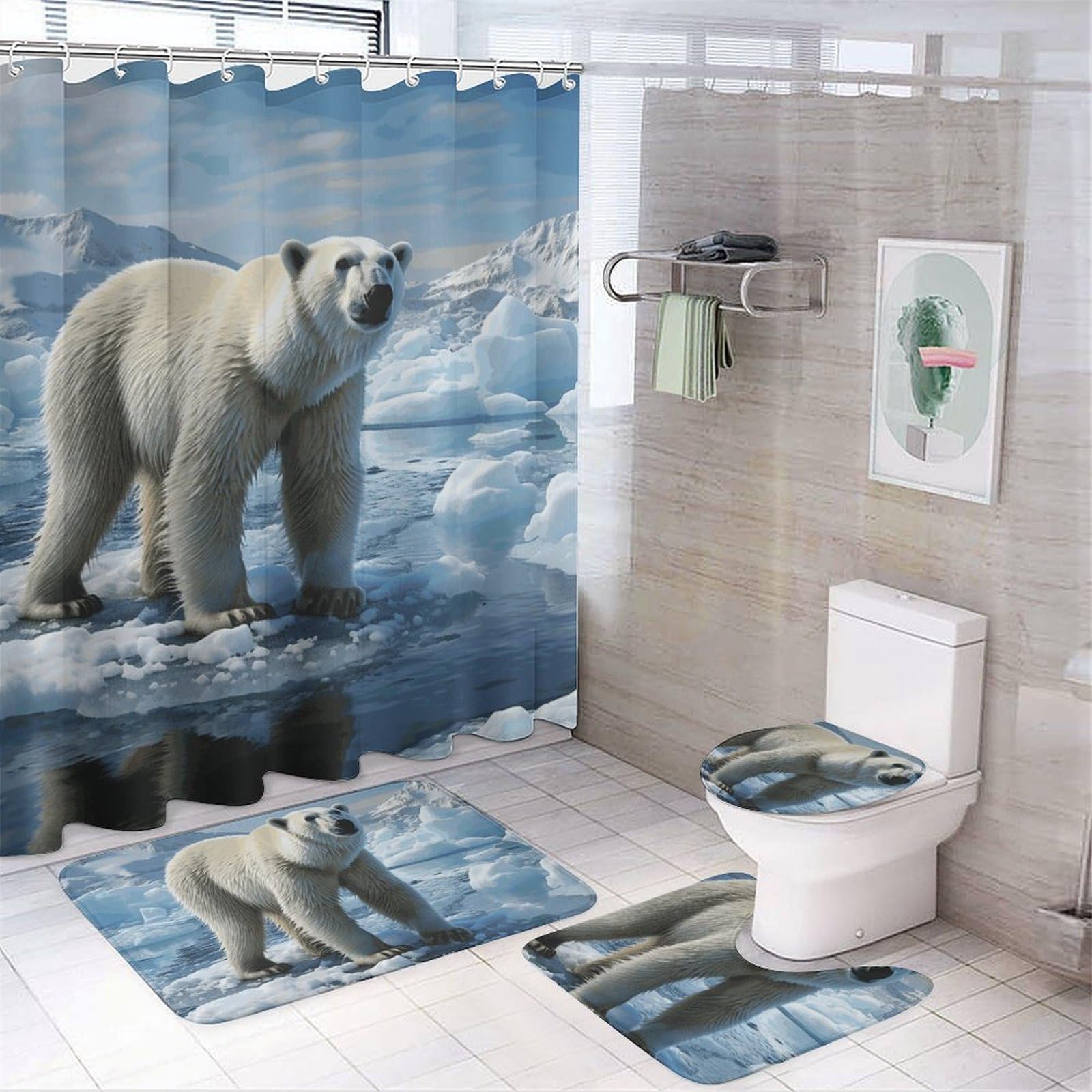 Rideau de douche anti-moisissure Polar Bear Ice et tapis de sol de sécurité