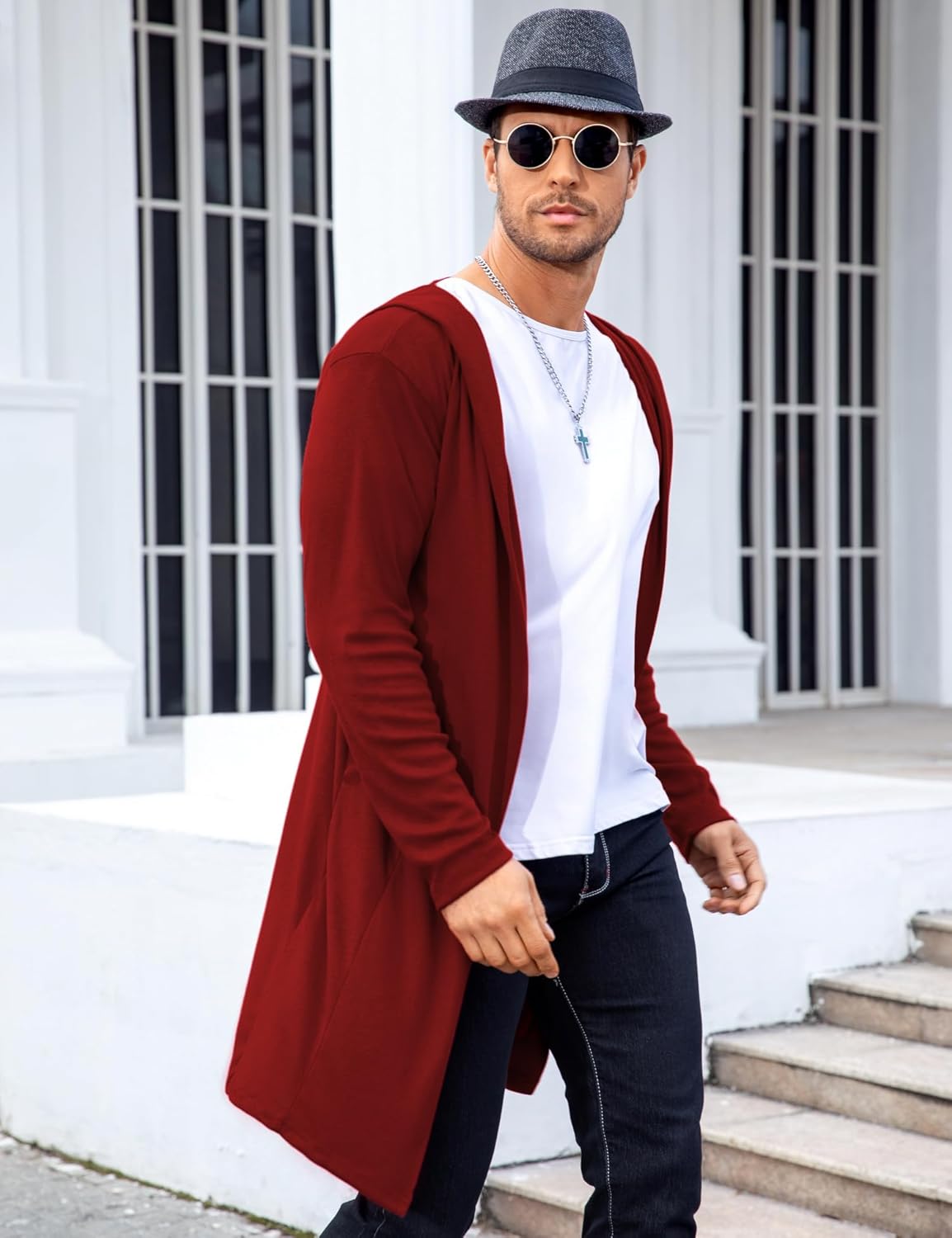 RAGEMALL Mens Long Cardigan Open Front Draped Lightweight Hooded Sweater with Pockets - Image 4