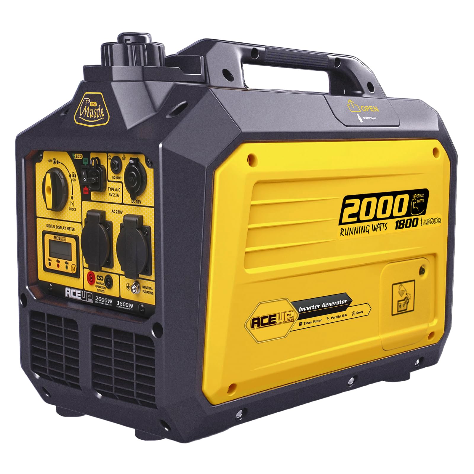 Aceup Energy Generatore di Corrente Inverter 2000W Benzina, Display Digitale, Modalità Eco, 2 Prese 230V USB 5V 12V, Silenzioso e Portatile per Campeggio e Uso Domestico