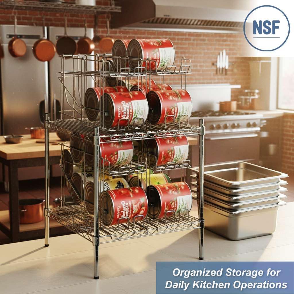 24" x 36" x 27" Chrome Wire Shelving System with 4 FIFO Can Racks for #10 and #5 Cans, NSF