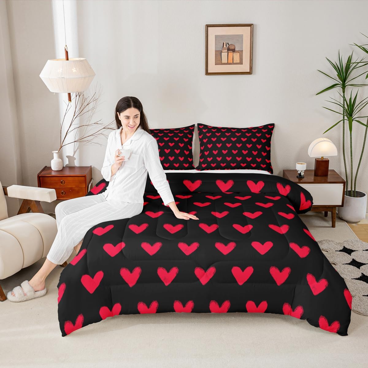 Erosebridal Love Comforter Set Queen Black and Red Bedding for Girls Women Men Couple Heart Shaped Down Comforter Cartoon Love Heart Kawaii Comforter Set Geometric Bedding Sets Bedroom Decor 3Pcs