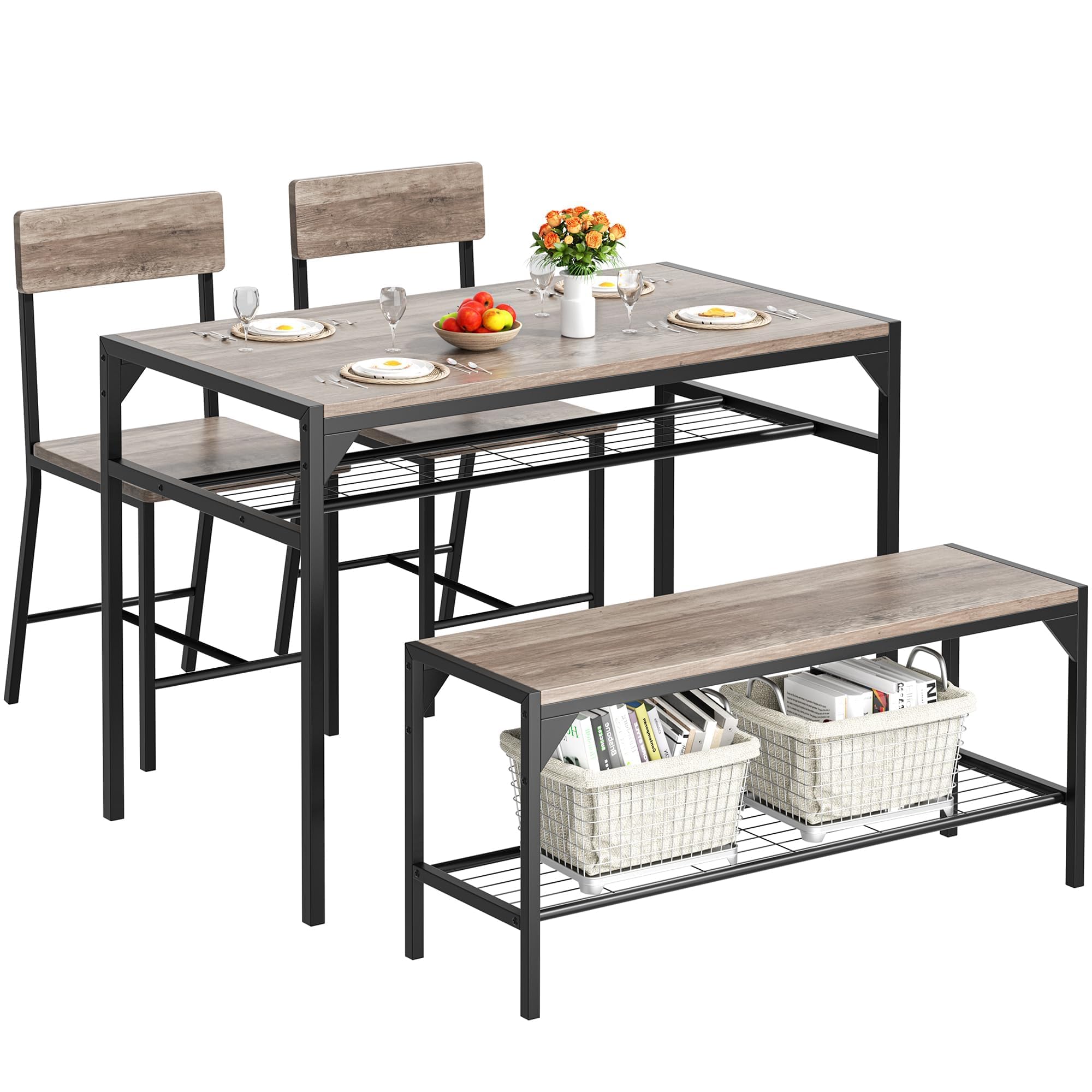 Shintenchi Kitchen Table Chairs Set of 4, Dining Table Set for 4 with Bench and Chairs, 4 Pieces Kitchen Table Set with Storage Rack & Metal Frame for